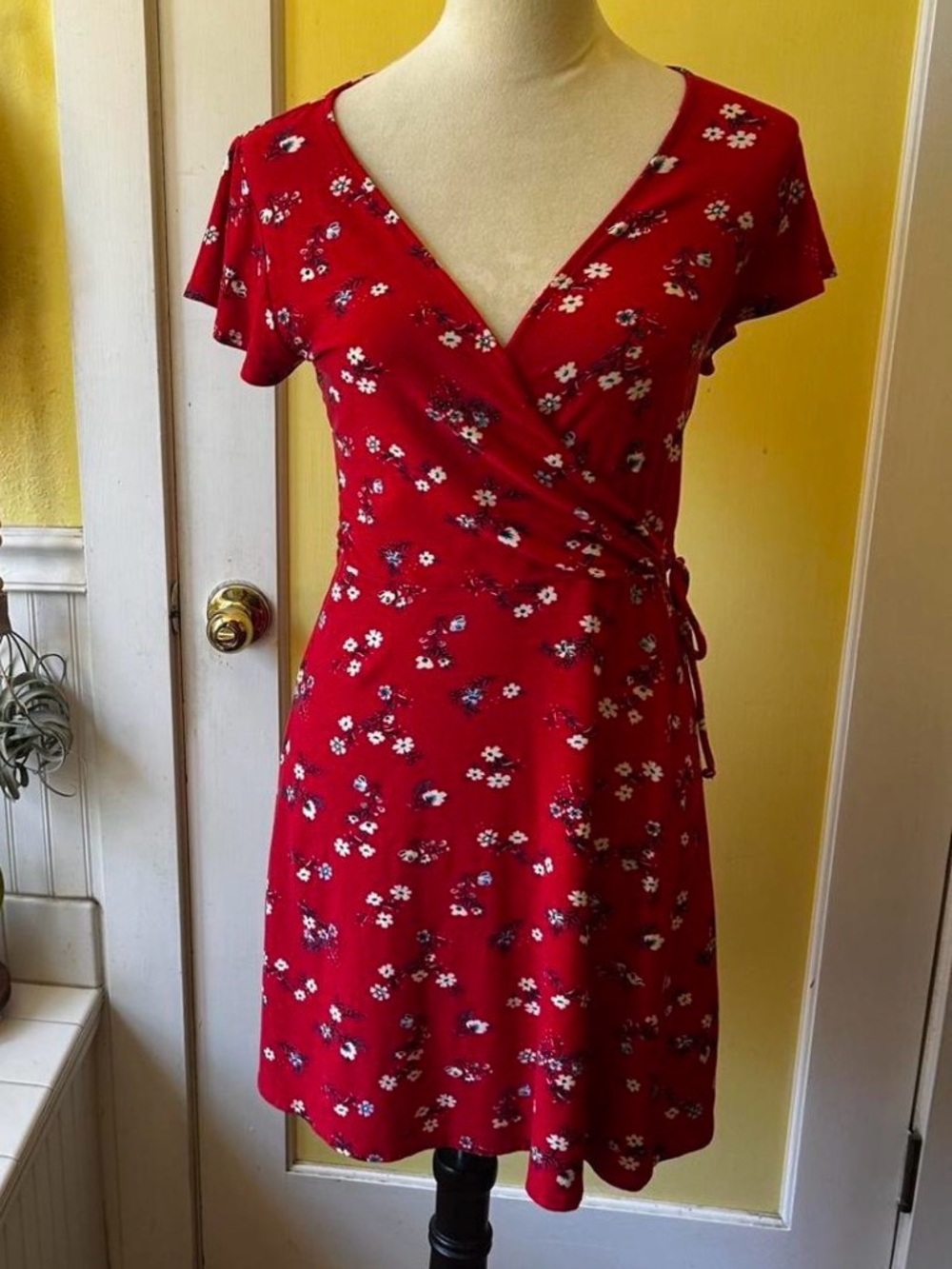 Red Floral Wrap Dress -  Women's Short Sleeve Dress